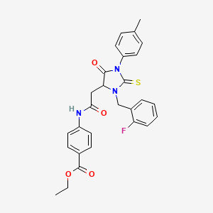 molecular formula C28H26FN3O4S B11074862 Ethyl 4-({[3-(2-fluorobenzyl)-1-(4-methylphenyl)-5-oxo-2-thioxoimidazolidin-4-yl]acetyl}amino)benzoate 