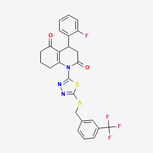 molecular formula C25H19F4N3O2S2 B11075412 4-(2-fluorophenyl)-1-(5-{[3-(trifluoromethyl)benzyl]sulfanyl}-1,3,4-thiadiazol-2-yl)-4,6,7,8-tetrahydroquinoline-2,5(1H,3H)-dione 