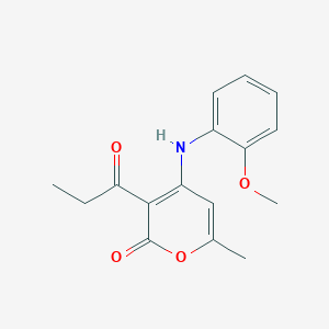 molecular formula C16H17NO4 B11075749 4-[(2-methoxyphenyl)amino]-6-methyl-3-propanoyl-2H-pyran-2-one 