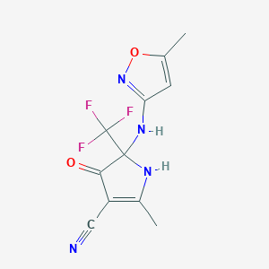 molecular formula C11H9F3N4O2 B11075867 1H-Pyrrole-3-carbonitrile, 2-methyl-5-(5-methylisoxazol-3-ylamino)-4-oxo-5-trifluoromethyl-4,5-dihydro- 