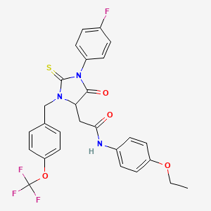 molecular formula C27H23F4N3O4S B11075891 N-(4-Ethoxyphenyl)-2-[1-(4-fluorophenyl)-5-oxo-2-sulfanylidene-3-{[4-(trifluoromethoxy)phenyl]methyl}imidazolidin-4-YL]acetamide 