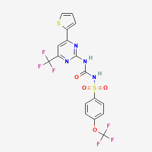 molecular formula C17H10F6N4O4S2 B11075929 N-{[4-(thiophen-2-yl)-6-(trifluoromethyl)pyrimidin-2-yl]carbamoyl}-4-(trifluoromethoxy)benzenesulfonamide 