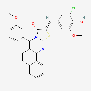 molecular formula C29H25ClN2O4S B11076046 10-[(Z)-1-(3-Chloro-4-hydroxy-5-methoxyphenyl)methylidene]-7-(3-methoxyphenyl)-5,6A,7,12A-tetrahydro-6H-benzo[H][1,3]thiazolo[2,3-B]quinazolin-9-one 