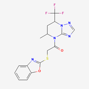 molecular formula C16H14F3N5O2S B11076088 2-(1,3-benzoxazol-2-ylsulfanyl)-1-[5-methyl-7-(trifluoromethyl)-6,7-dihydro[1,2,4]triazolo[1,5-a]pyrimidin-4(5H)-yl]ethanone 