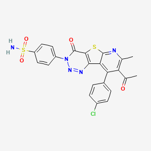 molecular formula C23H16ClN5O4S2 B11076176 4-[12-acetyl-13-(4-chlorophenyl)-11-methyl-6-oxo-8-thia-3,4,5,10-tetrazatricyclo[7.4.0.02,7]trideca-1(13),2(7),3,9,11-pentaen-5-yl]benzenesulfonamide 