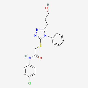 molecular formula C19H19ClN4O2S B11076203 N-(4-chlorophenyl)-2-{[5-(3-hydroxypropyl)-4-phenyl-4H-1,2,4-triazol-3-yl]sulfanyl}acetamide 