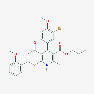 molecular formula C28H30BrNO5 B11076363 Propyl 4-(3-bromo-4-methoxyphenyl)-7-(2-methoxyphenyl)-2-methyl-5-oxo-1,4,5,6,7,8-hexahydroquinoline-3-carboxylate 