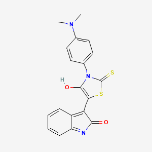 molecular formula C19H15N3O2S2 B11076643 (3Z)-3-{3-[4-(dimethylamino)phenyl]-4-oxo-2-thioxo-1,3-thiazolidin-5-ylidene}-1,3-dihydro-2H-indol-2-one 