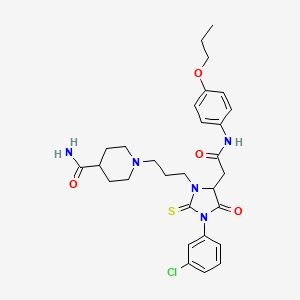 molecular formula C29H36ClN5O4S B11076655 1-{3-[3-(3-Chlorophenyl)-4-oxo-5-{2-oxo-2-[(4-propoxyphenyl)amino]ethyl}-2-thioxoimidazolidin-1-yl]propyl}piperidine-4-carboxamide 