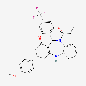 molecular formula C30H27F3N2O3 B11076751 1-{1-hydroxy-3-(4-methoxyphenyl)-11-[4-(trifluoromethyl)phenyl]-2,3,4,11-tetrahydro-10H-dibenzo[b,e][1,4]diazepin-10-yl}propan-1-one 