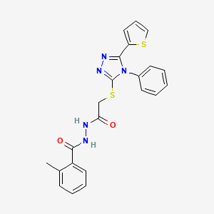 molecular formula C22H19N5O2S2 B11076801 2-methyl-N'-({[4-phenyl-5-(thiophen-2-yl)-4H-1,2,4-triazol-3-yl]sulfanyl}acetyl)benzohydrazide 