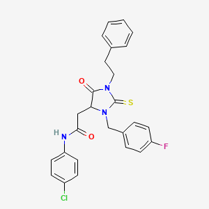 molecular formula C26H23ClFN3O2S B11076967 N-(4-chlorophenyl)-2-[3-(4-fluorobenzyl)-5-oxo-1-(2-phenylethyl)-2-thioxoimidazolidin-4-yl]acetamide 