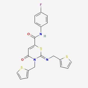 molecular formula C21H16FN3O2S3 B11077100 (2Z)-N-(4-fluorophenyl)-4-oxo-3-(thiophen-2-ylmethyl)-2-[(thiophen-2-ylmethyl)imino]-3,4-dihydro-2H-1,3-thiazine-6-carboxamide 