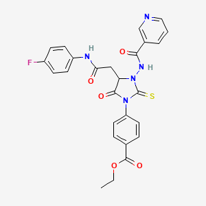 Ethyl 4-(4-{2-[(4-fluorophenyl)amino]-2-oxoethyl}-5-oxo-3-[(pyridin-3-ylcarbonyl)amino]-2-thioxoimidazolidin-1-yl)benzoate