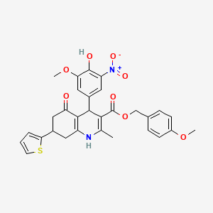 4-Methoxybenzyl 4-(4-hydroxy-3-methoxy-5-nitrophenyl)-2-methyl-5-oxo-7-(thiophen-2-yl)-1,4,5,6,7,8-hexahydroquinoline-3-carboxylate