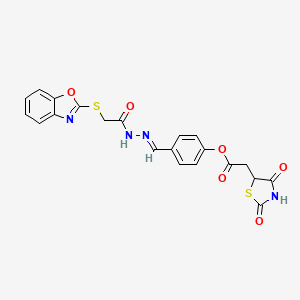 molecular formula C21H16N4O6S2 B11077398 4-[(E)-{2-[(1,3-benzoxazol-2-ylsulfanyl)acetyl]hydrazinylidene}methyl]phenyl (2,4-dioxo-1,3-thiazolidin-5-yl)acetate 