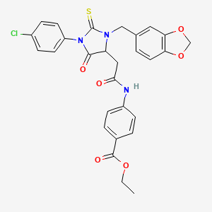 molecular formula C28H24ClN3O6S B11077399 Ethyl 4-({[3-(1,3-benzodioxol-5-ylmethyl)-1-(4-chlorophenyl)-5-oxo-2-thioxoimidazolidin-4-yl]acetyl}amino)benzoate 