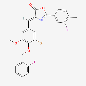 molecular formula C25H18BrFINO4 B11077592 (4Z)-4-{3-bromo-4-[(2-fluorobenzyl)oxy]-5-methoxybenzylidene}-2-(3-iodo-4-methylphenyl)-1,3-oxazol-5(4H)-one 