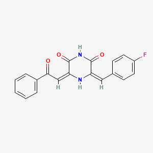 molecular formula C19H13FN2O3 B11077661 Piperazine-2,6-dione, 3-(4-fluorobenzylidene)-5-(2-oxo-2-phenylethylidene)- 