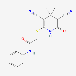 molecular formula C17H16N4O2S B11077811 2-(3,5-Dicyano-4,4-dimethyl-6-oxo-1,4,5,6-tetrahydro-pyridin-2-ylsulfanyl)-N-phenyl-acetamide 