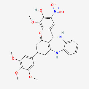 molecular formula C29H29N3O8 B11077815 11-(4-hydroxy-3-methoxy-5-nitrophenyl)-3-(3,4,5-trimethoxyphenyl)-2,3,4,5,10,11-hexahydro-1H-dibenzo[b,e][1,4]diazepin-1-one 