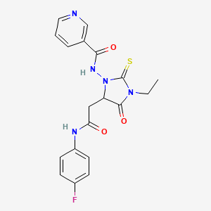 molecular formula C19H18FN5O3S B11077894 N-(3-ethyl-5-{2-[(4-fluorophenyl)amino]-2-oxoethyl}-4-oxo-2-thioxoimidazolidin-1-yl)pyridine-3-carboxamide 