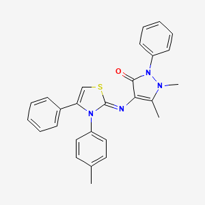 molecular formula C27H24N4OS B11077902 1,5-dimethyl-4-{[(2Z)-3-(4-methylphenyl)-4-phenyl-1,3-thiazol-2(3H)-ylidene]amino}-2-phenyl-1,2-dihydro-3H-pyrazol-3-one 