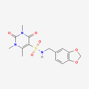 molecular formula C15H17N3O6S B11078232 N-(1,3-benzodioxol-5-ylmethyl)-1,3,6-trimethyl-2,4-dioxo-1,2,3,4-tetrahydropyrimidine-5-sulfonamide 