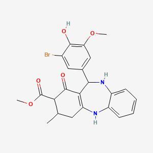 molecular formula C23H23BrN2O5 B11078359 methyl 11-(3-bromo-4-hydroxy-5-methoxyphenyl)-3-methyl-1-oxo-2,3,4,5,10,11-hexahydro-1H-dibenzo[b,e][1,4]diazepine-2-carboxylate 