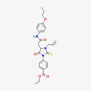 molecular formula C26H29N3O5S B11078374 Ethyl 4-[5-oxo-4-{2-oxo-2-[(4-propoxyphenyl)amino]ethyl}-3-(prop-2-en-1-yl)-2-thioxoimidazolidin-1-yl]benzoate 