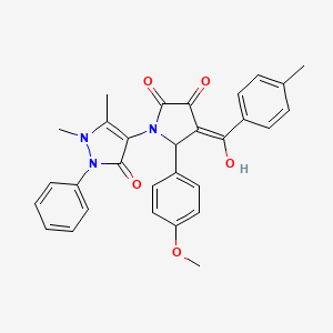 molecular formula C30H27N3O5 B11078390 4-{3-hydroxy-5-(4-methoxyphenyl)-4-[(4-methylphenyl)carbonyl]-2-oxo-2,5-dihydro-1H-pyrrol-1-yl}-1,5-dimethyl-2-phenyl-1,2-dihydro-3H-pyrazol-3-one 