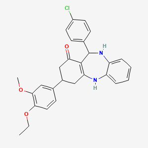 molecular formula C28H27ClN2O3 B11078494 11-(4-chlorophenyl)-3-(4-ethoxy-3-methoxyphenyl)-2,3,4,5,10,11-hexahydro-1H-dibenzo[b,e][1,4]diazepin-1-one 