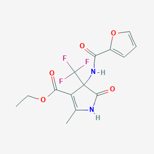 molecular formula C14H13F3N2O5 B11078638 1H-Pyrrole-3-carboxylic acid, 4-[(furan-2-carbonyl)amino]-2-methyl-5-oxo-4-trifluoromethyl-4,5-dihydro-, ethyl ester 