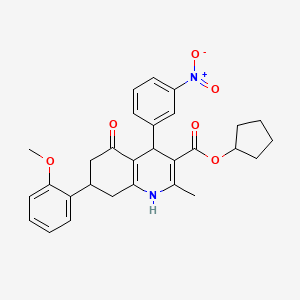 molecular formula C29H30N2O6 B11078887 Cyclopentyl 7-(2-methoxyphenyl)-2-methyl-4-(3-nitrophenyl)-5-oxo-1,4,5,6,7,8-hexahydroquinoline-3-carboxylate 