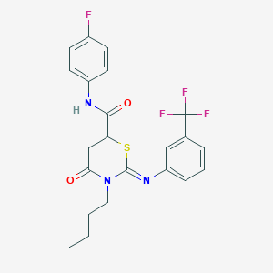 molecular formula C22H21F4N3O2S B11078947 (2Z)-3-butyl-N-(4-fluorophenyl)-4-oxo-2-{[3-(trifluoromethyl)phenyl]imino}-1,3-thiazinane-6-carboxamide 