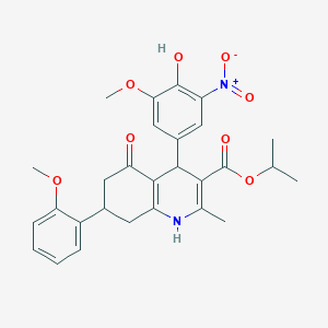 molecular formula C28H30N2O8 B11079183 Propan-2-yl 4-(4-hydroxy-3-methoxy-5-nitrophenyl)-7-(2-methoxyphenyl)-2-methyl-5-oxo-1,4,5,6,7,8-hexahydroquinoline-3-carboxylate 