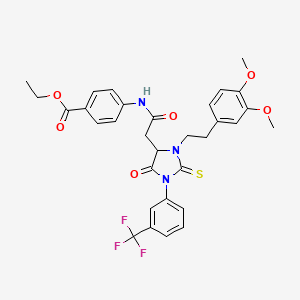 molecular formula C31H30F3N3O6S B11079431 Ethyl 4-[({3-[2-(3,4-dimethoxyphenyl)ethyl]-5-oxo-2-thioxo-1-[3-(trifluoromethyl)phenyl]imidazolidin-4-yl}acetyl)amino]benzoate 