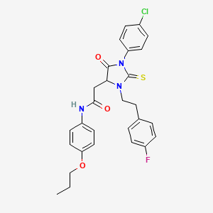 2-[1-(4-chlorophenyl)-3-[2-(4-fluorophenyl)ethyl]-5-oxo-2-sulfanylideneimidazolidin-4-yl]-N-(4-propoxyphenyl)acetamide