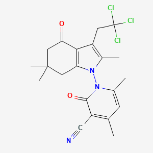 molecular formula C21H22Cl3N3O2 B11079978 4,6-dimethyl-2-oxo-1-[2,6,6-trimethyl-4-oxo-3-(2,2,2-trichloroethyl)-4,5,6,7-tetrahydro-1H-indol-1-yl]-1,2-dihydropyridine-3-carbonitrile 