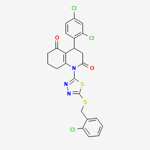 molecular formula C24H18Cl3N3O2S2 B11080047 1-{5-[(2-chlorobenzyl)sulfanyl]-1,3,4-thiadiazol-2-yl}-4-(2,4-dichlorophenyl)-4,6,7,8-tetrahydroquinoline-2,5(1H,3H)-dione 