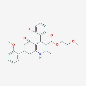 molecular formula C27H28FNO5 B11080202 2-Methoxyethyl 4-(2-fluorophenyl)-7-(2-methoxyphenyl)-2-methyl-5-oxo-1,4,5,6,7,8-hexahydroquinoline-3-carboxylate 