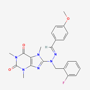 molecular formula C23H23FN6O3 B11080567 8-[(2E)-1-(2-fluorobenzyl)-2-(4-methoxybenzylidene)hydrazinyl]-1,3,7-trimethyl-3,7-dihydro-1H-purine-2,6-dione 