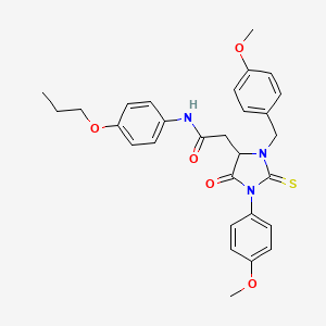 molecular formula C29H31N3O5S B11080603 2-[3-(4-methoxybenzyl)-1-(4-methoxyphenyl)-5-oxo-2-thioxoimidazolidin-4-yl]-N-(4-propoxyphenyl)acetamide 