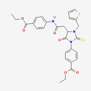 molecular formula C28H27N3O6S2 B11080922 Ethyl 4-[4-(2-{[4-(ethoxycarbonyl)phenyl]amino}-2-oxoethyl)-5-oxo-3-(thiophen-2-ylmethyl)-2-thioxoimidazolidin-1-yl]benzoate 