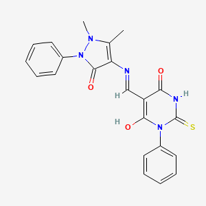 molecular formula C22H19N5O3S B11081233 (5E)-5-{[(1,5-dimethyl-3-oxo-2-phenyl-2,3-dihydro-1H-pyrazol-4-yl)amino]methylidene}-1-phenyl-2-thioxodihydropyrimidine-4,6(1H,5H)-dione 