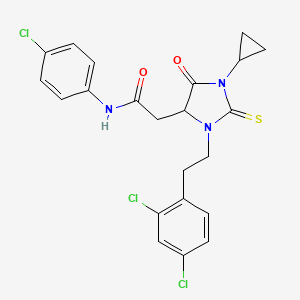 molecular formula C22H20Cl3N3O2S B11081247 N-(4-chlorophenyl)-2-{1-cyclopropyl-3-[2-(2,4-dichlorophenyl)ethyl]-5-oxo-2-thioxoimidazolidin-4-yl}acetamide 