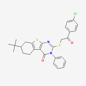 molecular formula C28H27ClN2O2S2 B11081258 7-tert-butyl-2-{[2-(4-chlorophenyl)-2-oxoethyl]sulfanyl}-3-phenyl-5,6,7,8-tetrahydro[1]benzothieno[2,3-d]pyrimidin-4(3H)-one 