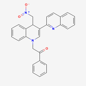 molecular formula C27H21N3O3 B11081293 4'-Nitromethyl-1'-phenacyl-1',4'-dihydro-2,3'-biquinolyl 