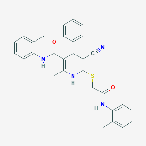 molecular formula C30H28N4O2S B11081300 5-cyano-2-methyl-N-(2-methylphenyl)-6-({2-[(2-methylphenyl)amino]-2-oxoethyl}sulfanyl)-4-phenyl-1,4-dihydropyridine-3-carboxamide 