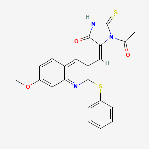 molecular formula C22H17N3O3S2 B11081504 (5E)-1-acetyl-5-{[7-methoxy-2-(phenylsulfanyl)quinolin-3-yl]methylidene}-2-thioxoimidazolidin-4-one 